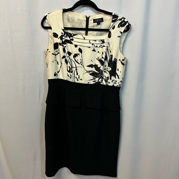 Tahari Black White Floral Peplum Waist Square Neckline Knee Length Dress 12 - Picture 1 of 6